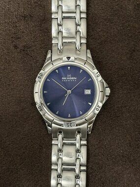 Skagen Denmark Quartz Analog Watch Blue Sunburst Dial Date 30m 30mm Steel